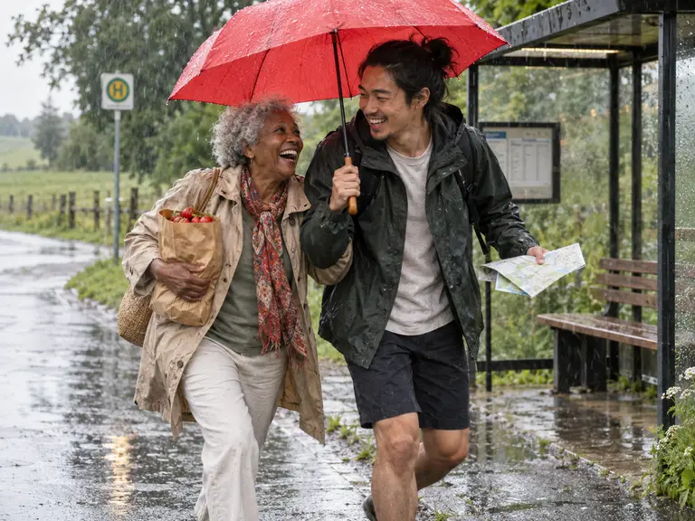 Eine ältere Frau mit Einkaufstüte und ein junger Mann teilen sich lachend einen roten Regenschirm an einer Bushaltestelle.
