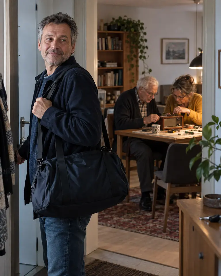 Ein Angehöriger verlässt mit Tasche die Wohnung und lächelt zurück, während drinnen eine Betreuerin mit einem älteren Herrn ein Radio repariert.
