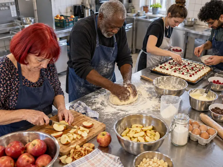 Menschen verschiedenen Alters backen gemeinsam in einer großen Küche: Äpfel schneiden, Teig kneten, Kuchen belegen.