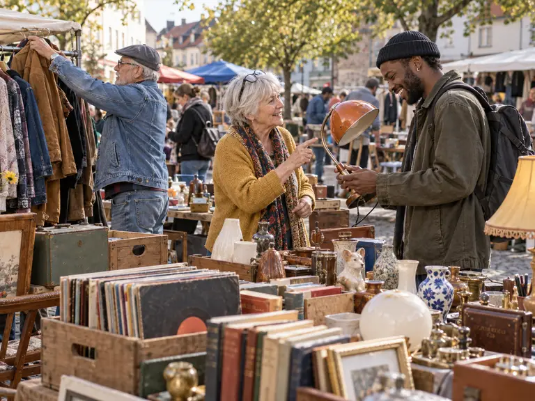 Flohmarkt unter Bäumen: Eine ältere Frau zeigt einem jungen Mann eine alte Lampe, daneben Kisten mit Büchern und Platten.