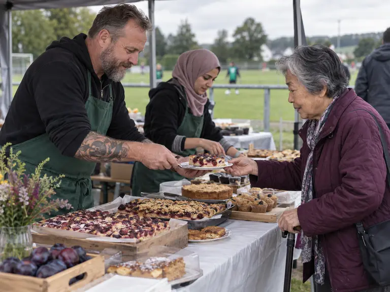 Kuchenbasar im Freien: Ein Mann reicht einer älteren Frau mit Gehstock ein Stück Kuchen, dahinter eine Helferin mit Kopftuch.